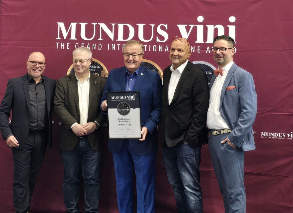 Cape Town's DGB executives showing off their award after winning the Best Producer South Africa at the Mundus Vini Spring Tasting 2026, Germany